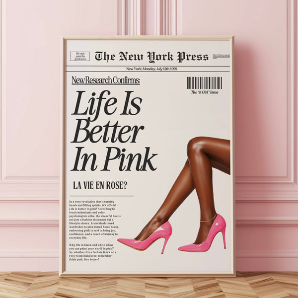 girly wall art, Trendy Newspaper Print Wall Art - Life is better in pink - Trendy wall art  girly wall art -Newspaper print