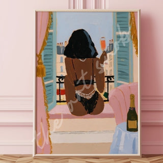 Art print of a Black woman viewed from behind in black lingerie and pearls, holding champagne at an open window with blue shutters and Parisian views.