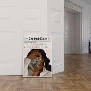 Black girl aesthetic wall art in editorial newspaper layout, glam fashion print with cash and gold hoops
