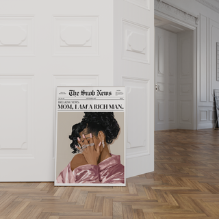 Black girl aesthetic wall art in editorial newspaper style, rich girl quote print for bedroom or office decor
