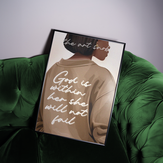Black woman wall art poster with scripture quote “God is within her she will not fail” in neutral beige tones