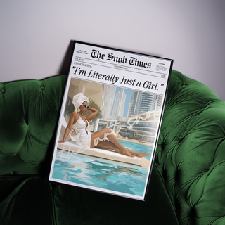 Fashion wall art print of Black woman in white outfit and sunglasses relaxing by the pool, newspaper cover design