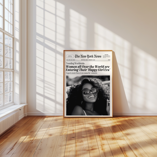 Motivational wall art newspaper print about happy girl era, featuring a joyful Black woman with big curls