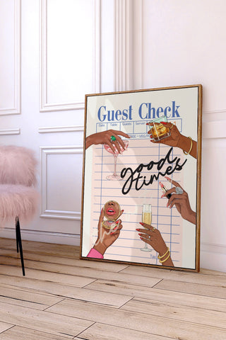 Preppy wall art guest check print with cocktail glasses and glam accessories, Black girl wall art decor