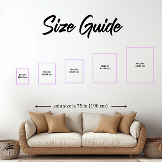 Size guide for a sofa with dimensions displayed on a white wall.